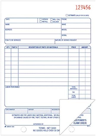 Adams Repair Order Book, Carbonless, 2-Part, White/White, 5-9/16 x 8-7/16 Inches, 50 Sets (D5084)