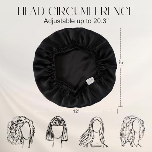 ZIMASILK 100% Mulberry Silk Bonnet for Sleeping Women Long Hair Double Layer Silk Hair Wrap with Adjustable Band Natural Silk Bonnet for Hair Care Stay On Head (1Pc, Black)