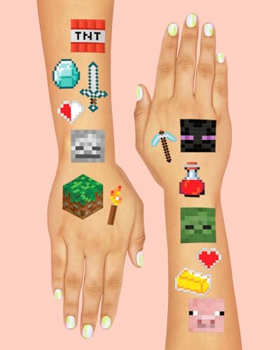 xo, Fetti Pixel Mining Video Game Temporary Tattoos - 74 Silver Foil Pcs | Birthday Accessory, Kids Pixel Birthday Party Favor, Cute Activity