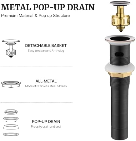 Pop up Sink Drain Stopper for Bathroom Vessel Vanity Sink Art Basin Oil Rubbed Bronze, Small Cap with Overflow, Metal Pop-up Drain Strainer with Detachable Basket Stopper