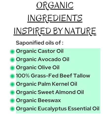 Eucalyptus- Handcrafted with Grass-Fed Beef Tallow and Organic Oils - Scented with Organic Essential Oils - Artisanal Bar Soap - 3 Pack - Each Bar Unique, Beige