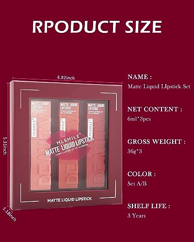 Matte Liquid Lipstick Set-3Pcs High Pigmented Lip Stain Tint,Matte Velvet Lip Gloss,Up to 16H Wear Lipgloss,Long Lasting Waterproof Non-Stick Tinted Lipstain,Women‘s Day Makeup Gift Kit for Women-SetB