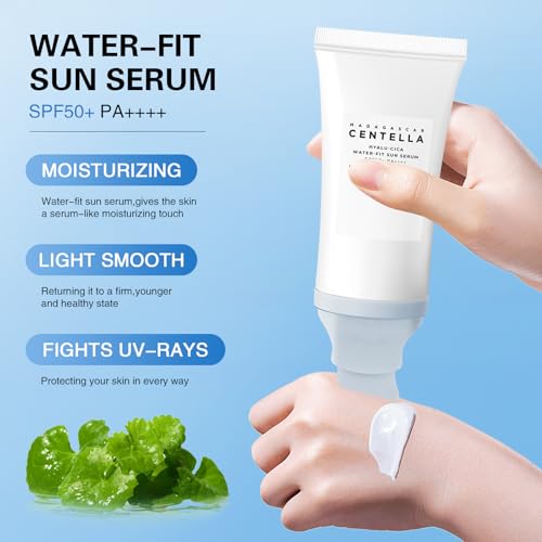 2PCS Centella Sunscreen SPF 50, Daily UV Defense Summer Sunblock for Face, 50ML 𝑴𝒂𝒅𝒂𝒈𝒂𝒔𝒄𝒂𝒓 Sunscreen Face Serum,Travel Essentials for Black Girl