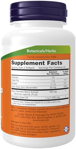 NOW Foods Supplements, Saw Palmetto Extract with Pumpkin Seed Oil and Zinc, Men's Health*, 90 Softgels
