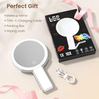 Travel Makeup Mirror with Lights, Lightened 10X/1X Double Sided Magnifying Mirror with 3 Colors, Brightness Adjustable Portable LED Mirror Valentines Day Gifts for Her Women Girls (White)