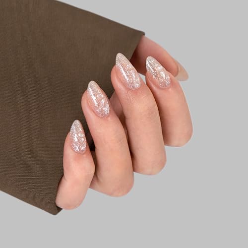 BTArtbox Press On Nails Almond - Short Press On Nails with 3D Sculpting Design, Glitter Water Drop Glue On Nails in 16 Sizes, Golden Fizz