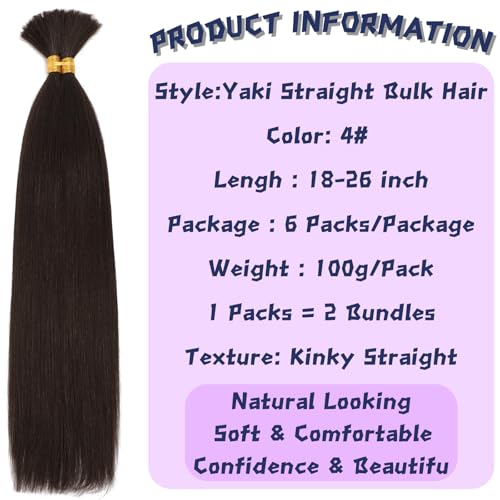 Braiding Hair 6Bundles Kinky Straight Bulk Hair for Braiding 900g No Weft Quality Synthetic Braiding Hair Extensions for Boho Braids Wet and Wavy Yaki Straight Bulk Hair for Micro braiding 20inch,4#