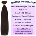 Braiding Hair 6Bundles Kinky Straight Bulk Hair for Braiding 900g No Weft Quality Synthetic Braiding Hair Extensions for Boho Braids Wet and Wavy Yaki Straight Bulk Hair for Micro braiding 20inch,4#