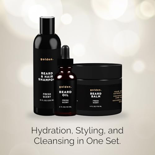 Golden Grooming Co. Beard Bundle – 2 oz Beard Oil, 4 oz Beard Balm, and 8 oz Beard and Hair Shampoo – All-Natural Beard Grooming Set for Nourishment, Styling, and Cleansing