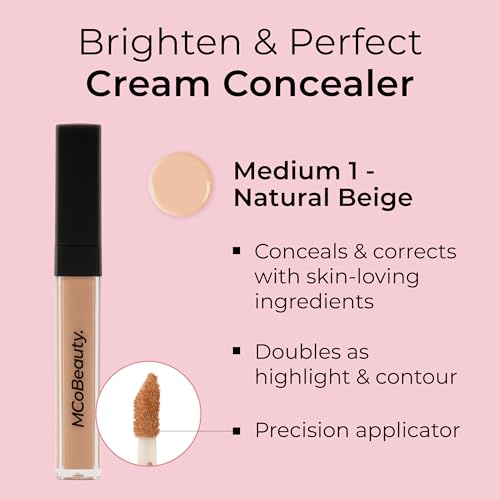 MCoBeauty Brighten & Perfect Cream Concealer, 5 Medium Natural Beige, Brightening Coverage for Flawless Complexion, Vegan, Cruelty Free Cosmetics