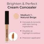 MCoBeauty Brighten & Perfect Cream Concealer, 5 Medium Natural Beige, Brightening Coverage for Flawless Complexion, Vegan, Cruelty Free Cosmetics