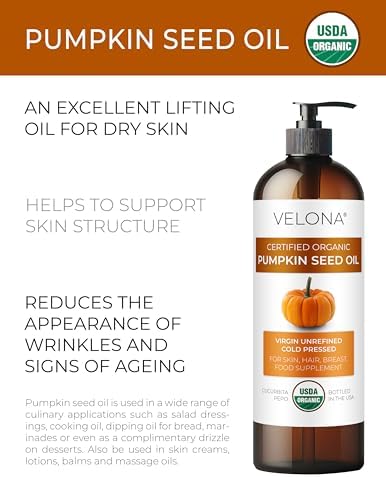 velona Pumpkin Seed Oil USDA Certified Organic - 16 fl oz | 100% Pure and Natural Carrier Oil | Unrefined, Cold Pressed | Cooking, Face, Hair, Body & Skin Care | Use Today - Enjoy Results