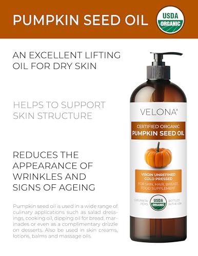 velona Pumpkin Seed Oil USDA Certified Organic - 32 fl oz | 100% Pure and Natural Carrier Oil | Unrefined, Cold Pressed | Cooking, Face, Hair, Body & Skin Care | Use Today - Enjoy Result