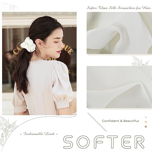 4PCS Large Silk Scrunchies for Women - Hair Elastics Handmade Scrunchie for Thick Hair Girl Hair Ties Ponytail Holders Jumbo Scrunchies (White)