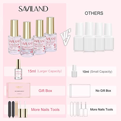 SAVILAND Dip Powder Liquid Set 15 ml/0.5 oz,10 Pcs Nail Dip Liquid Set with Base/Top Coat, Activator Brush Saver Acrylic Gel Dip Nail File Dip Nail Liquid Set No Curing Needed DIY Home Salon Quality