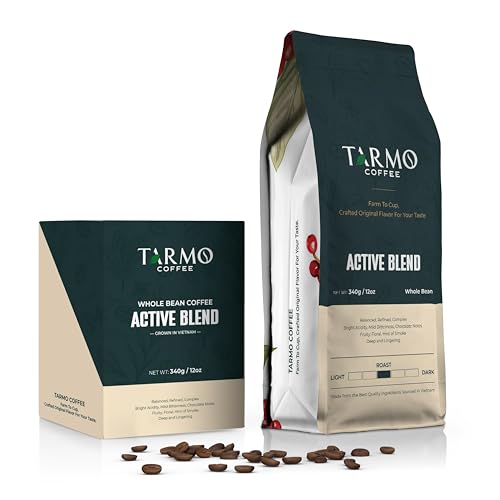 Tarmo Coffee | ACTIVE BLEND - Low Acid Coffee, Vietnamese Coffee, Robusta & Arabica Blend, Premium Whole Bean, Medium Roast, 12 Oz Bag