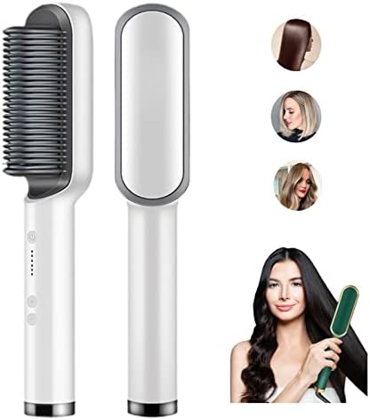 2023 New Negative Ion Hair Straightener Styling Comb with 5 Temp, 2 in 1 Hair Straightener Brush and Curler, Portable Electric Straightening Comb Heated Hair Brush 10s Fast Heating Anti-Scald (White)