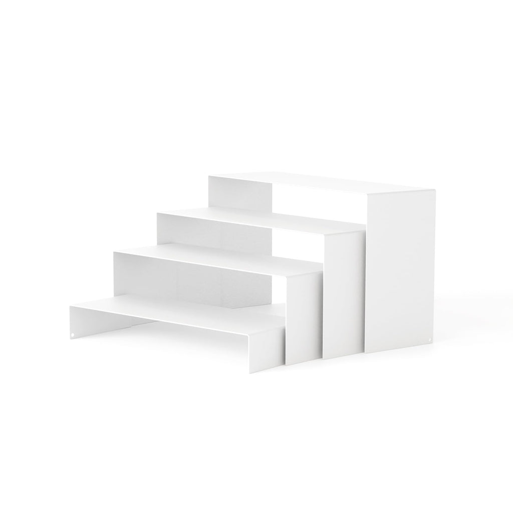 NEETBU White Matte Metal Display Stand,8 Pcs 2 Set Display Risers, Metal Rectangular Display Shelf Holders for Showcase, Dessert, Perfume, Vendor Events, Cupcake Stands, Toys Display Shelves ( 8Pcs-White, 7”L~8”L~9”L )