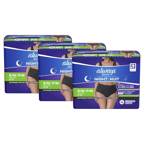 Always Discreet Adult Incontinence Overnight Underwear for Women, Small/Medium, Up to 100% Bladder Leak Protection, 48 Count (3 Packs of 16)