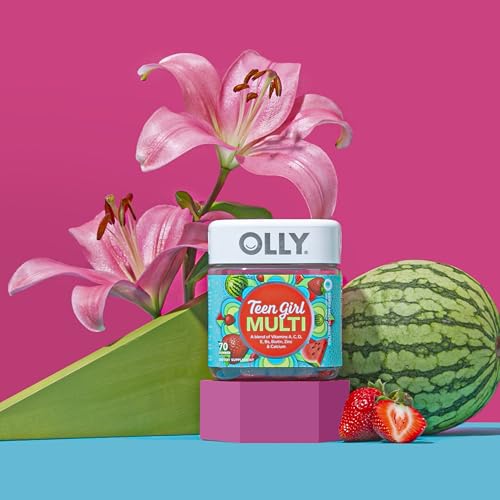OLLY Teen Girl Multi Gummy, Healthy Skin and Immune Support*, Essential Vitamins, Biotin, Zinc, Chewable Multivitamin, Strawberry Melon Flavored, 50 Day Supply - 100 Count