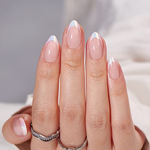 BTArtbox French Tip Press On Nails - White Press On Nails Almond, Short Fake Nails with Nail Glue, Fit Perfectly & Natural Reusable Stick on Nails in 16 Sizes, Mermaid