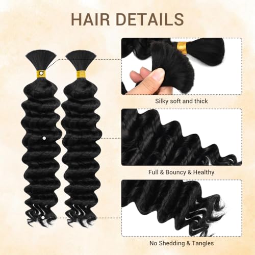 Human Braiding Hair for Boho Knotless Braids 2 Bundles 16 Inches 80g Deep Wave 10A Brazilian Virgin Human Bohemian Hair for Braiding Natural Black 1B