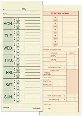 Adams Time Cards, Weekly, 2-Sided, Overtime Format, Named Days, 3-3/8" x 9", Manila, Green/Red Print, 200-Count (9791-200)