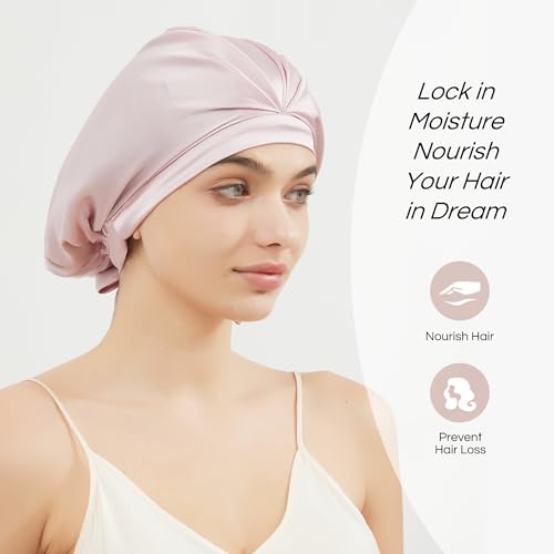 RachelSilk 100% Mulberry Silk Sleep Cap, Grade 6A 19 Momme Silk for Women Hair Care, Night Bonnet with Elastic Stay On Head, Sleep Cap After Shower, for Small -Medium Head Size (Pale Pink)