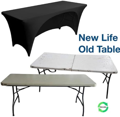 Urby Elastic Open Back Table Clothes for 6 Foot Rectangle Tables Fits 6ft Folding Tables from Lifetime, COSCO, Mainstays and Others. Heavy-Duty Stretchy Wrinkle Resistant Spandex. Black 2 Pack.