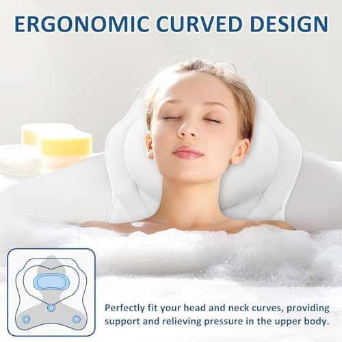 LuxStep Bath Pillow-Bathtub Pillow with Air Mesh Fabric & 6 Non-Slip Suction Cups, Bath Pillows for Tub Head, Neck and Back Support, Bath Accessories Spa Gifts, White