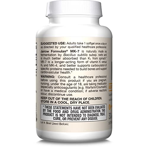 Jarrow Formulas MK-7 180 mcg - Bioactive Form of Vitamin K2-30 Servings (Softgels) - for Bone & Cardiovascular Health - Vitamin K2 MK-7 Dietary Supplement - Gluten Free