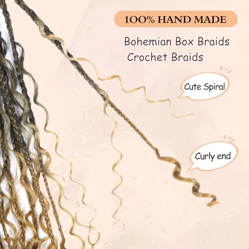 8 Pack Boho Box Crochet Braids Pre Looped with Curly Ends Ombre Blonde - 8 Inch Goddess Bohemian Box Braids Crochet Hair for Black Women Synthetic 3X Boho Crochet Hair Extensions Pre Looped T27