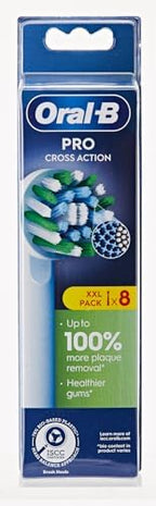 Oral-B Pro Cross Action Electric Toothbrush Head, X-Shape and Angled Bristles for Deeper Plaque Removal, Pack of 8 Toothbrush Heads, White