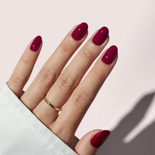 BTArtbox Press On Nails Short - Press on Nails Red Short Oval Nails Fall Fake Nail with Nail Glue, Fit Perfectly, Reusable Glue On Nails in 16 Sizes, Grape