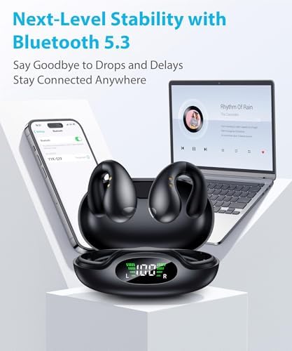 Ultra Open Ear Earbuds - Ergonomic Clip-On Earbuds, Bone Conduction Over-The-Ear Headphones with Waterproof Design and Secure Fit for Small Ears, Obsidian Black