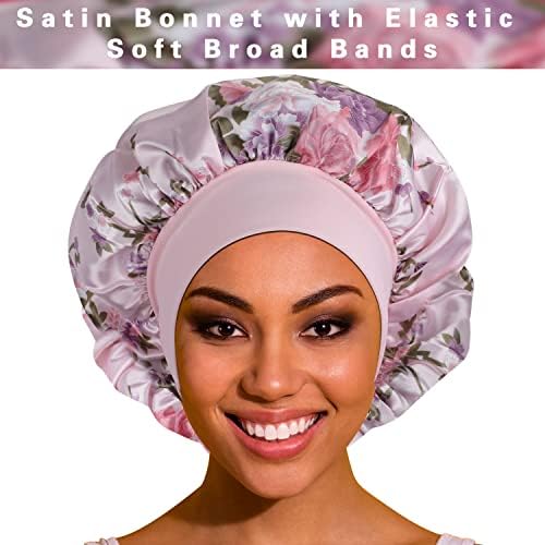 Satin Bonnet Hair Bonnet for Sleeping- 4 Pack Large Silk Bonnets for Black Women with Elastic Soft Band for Hair Care