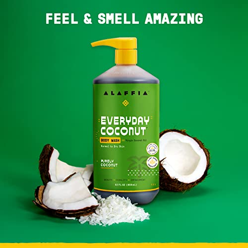 Alaffia Sensitive Skin Body Wash Pack, Everyday Coconut Body Wash for Men & Women, Natural Body Wash with Plant Based Ingredients, Coconut Oil, Coffee, Vitamin E, Purely Coconut (2 Pack-32 Fl Oz Ea)