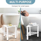 Corner Shower Stool for Shaving Legs - Metal Foot Rest Bench with Storage Shelf, Waterproof Non-Slip Chair for Bathroom Spa, White