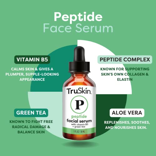 TruSkin Peptide Serum For Face – with Collagen Boosting Peptides, Amino Acids, Green Tea, Aloe and Vitamins B5 & E – Skin Barrier Support, Stronger and Firmer-Looking Skin, 1 fl oz