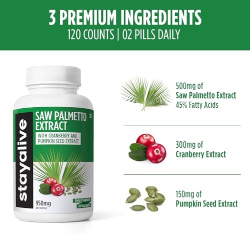 STAY ALIVE Saw Palmetto Extract Capsules w/Cranberry & Pumpkin Seed Oil, 120 Vegan Pills for Hair, U.T & Prostate, Pure Saw Palmetto for Men and Women, Non-GMO, Gluten Free Pumpkin Seed Supplement