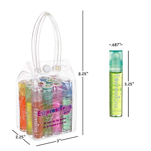 Expressions 12pc Roll On Lip Gloss Set with Carrying Case, Glossy Lip Make-up for Kids and Teens - Fruity Flavors, Non Toxic, Kid Friendly, Party Gift, Best Friends