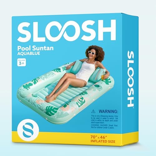 SLOOSH Inflatable Tanning Pool Lounger Float, 70" x 46" Pool Floats Adult with Pillow, 4 in 1 Suntan Tub Raft Floatie,Sunbathing Bed Lounge for Water Blow Up Kids Ball Pit Party Gifts, L-Aqua Blue
