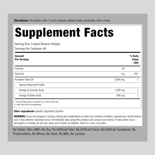 Piping Rock Pumpkin Seed Oil Capsules 3000mg | 200 Count | Cold Pressed Herbal Supplement | Extra Virgin | Non-GMO, Gluten Free