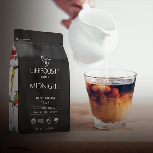 Lifeboost Midnight French Roast Coffee Beans - Single Origin Low Acid French Roast Coffee - Non-GMO USDA Organic French Roast Coffee Beans - Third Party Tested For Mycotoxins & Pesticides - 12 Ounces