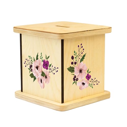 Wooden Piggy Bank for Kids and Adults, Personalized Gift Handmade in USA by BloomOwl, Custom Piggy Bank, Personalized Banks for Kids, Gifts for Baby Boys and Girls (Plum Floral)