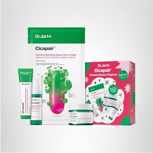 Dr.Jart+ Cicapair Redness Rescue Regimen Korean Skin Care Set with Centella Asiatica | 4 Piece Travel Size Value Gift Set