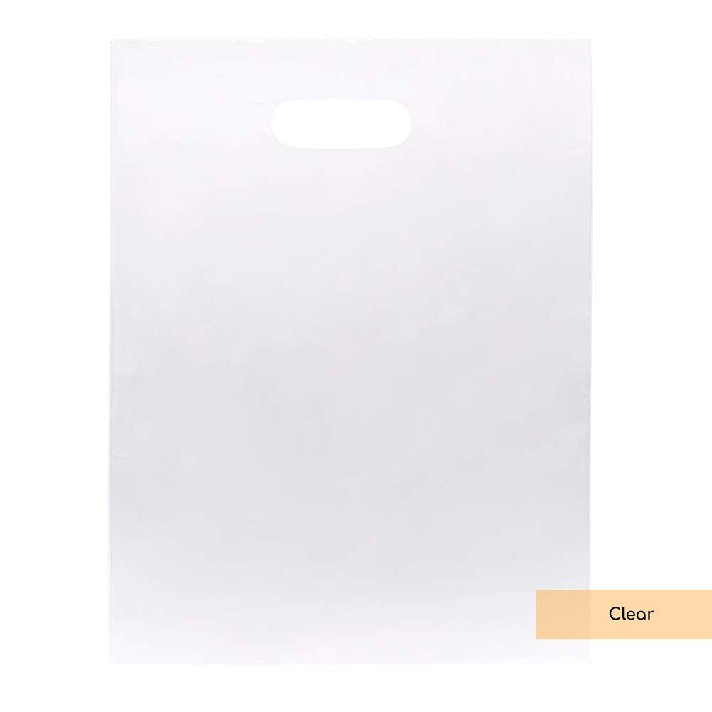 100 Clear Handle Bags 12x15, Extra Thick 2.25 Mil Retail Plastic Shopping Merchandise Gift Bags Tear Resistant Strong Durable Anti Stretch For Small Business LDPE Die Cut, ClearBags, 100% Recyclable