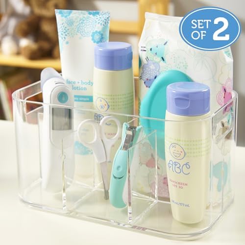 STORi Bliss 5-Compartment Plastic Cosmetics Storage Organizer, Set of 2 | Clear | Rectangular Divided Makeup Bin & Vanity Caddy with Pass-Through Handles | Round Corner Design | Made in USA