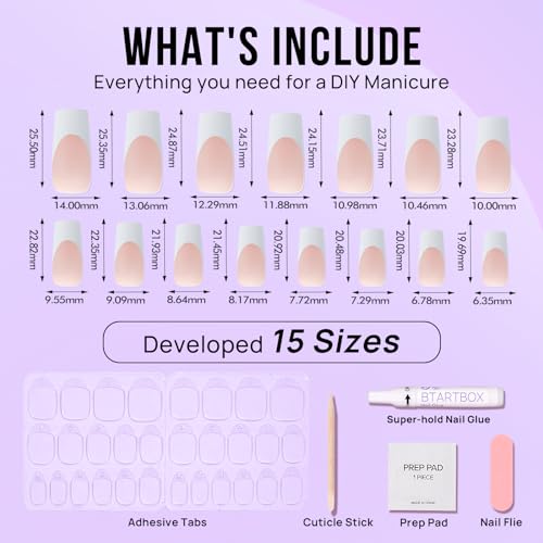 BTArtbox Press On Nails Long - White French Tip Press On Nails Square, Fake Nail with Nail Glue, Natural Reusable Stick On Nails in 15 Sizes - 30 Fake Nails Kit