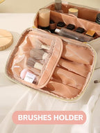 KITENROM Extral Large Makeup Bag Portable Cosmetic Bags for Women Zipper Pouch for Purse Make Up Case with Detachable Divider Toiletry Organization Waterproof Beige
